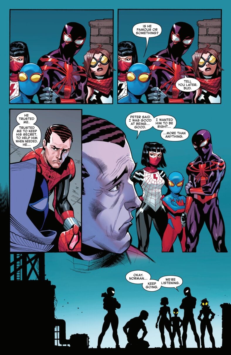 Norman Osborn attempts to explain his Spider-Man cosplay to Miles Morales, Silk, Spider-Gwen, Spider-Boy, and Araña in Amazing Spider-Man Vol. 7 #12 (2025), Marvel Comics. Words by Joe Kelly, art by Ed McGuinness, Cliff Rathburn, Marcio Menyz, and Erick Arciniega.