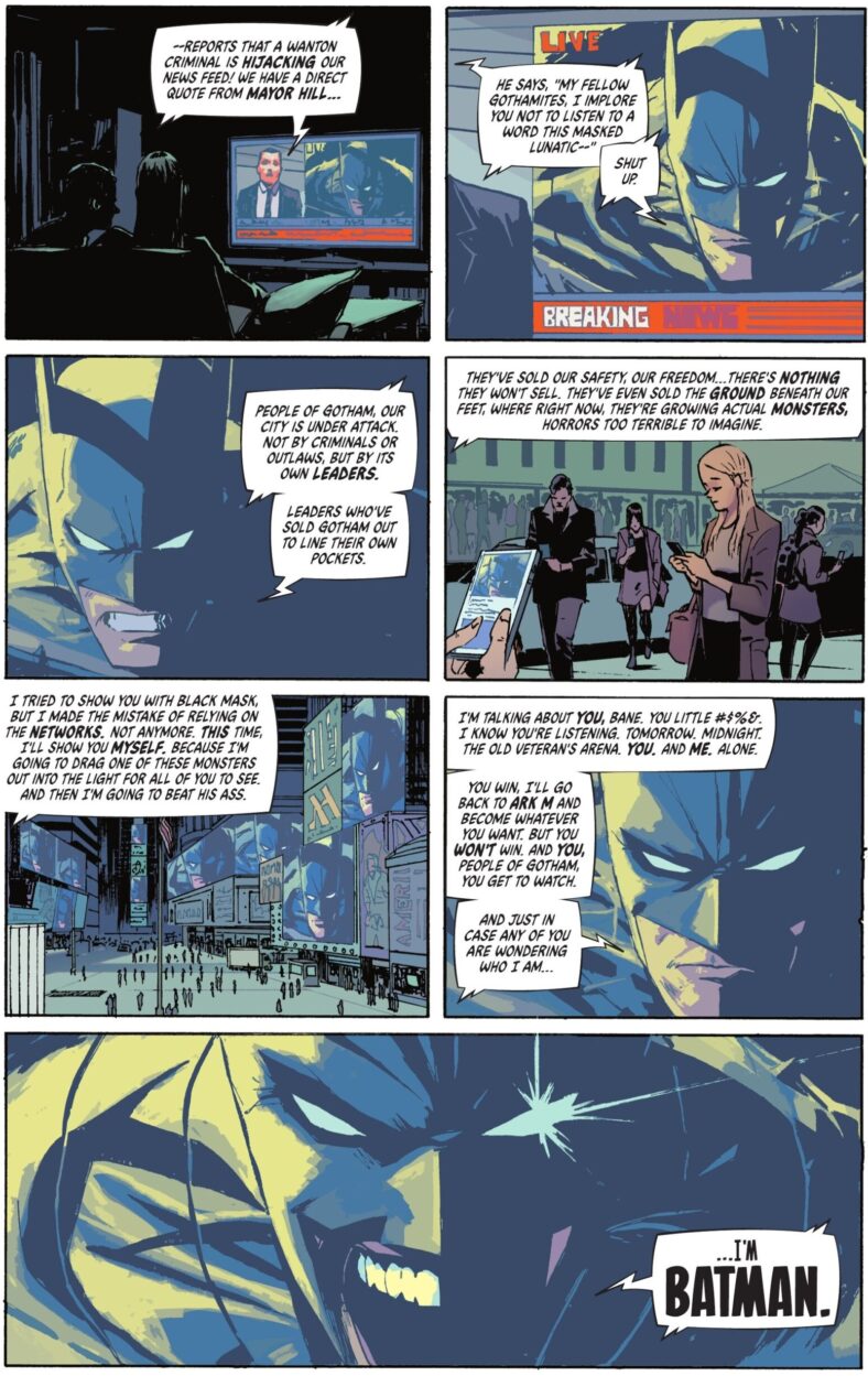 Batman issues a direct challenge to Bane in Absolute Batman Vol. 1 #13 "Abomination, Part Five" (2025), DC. Words by Scott Snyder, art by Nick Dragotta, Frank Martin, and Clayton Cowles.