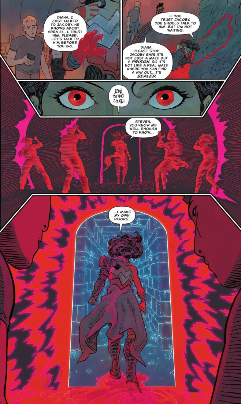 Diana opens a gateway directly into the labyrinth underneath Area 41 in Absolute Wonder Woman Vol. 1 #9 "As My Mothers Made Me, Part 2" (2025), DC. Words by Kelly Thompson, art by Hayden Sherman, Jordie Bellaire, and Becca Carey.