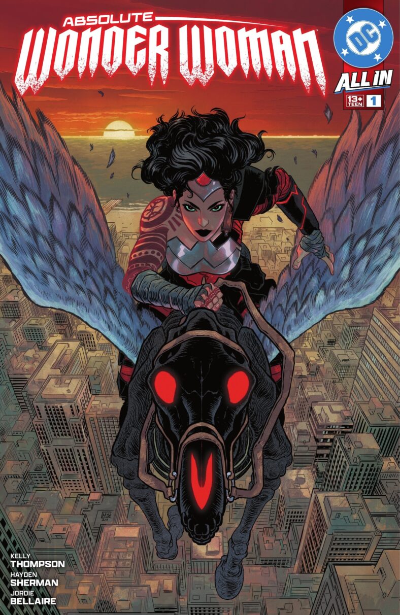 Wonder Woman rides into action on Hayden Sherman and Jordie Bellaire's cover to Absolute Wonder Woman Vol.1 Issue #1 "Absolute Wonder Woman: The Last Amazon, Part 1" (2024), DC Comics