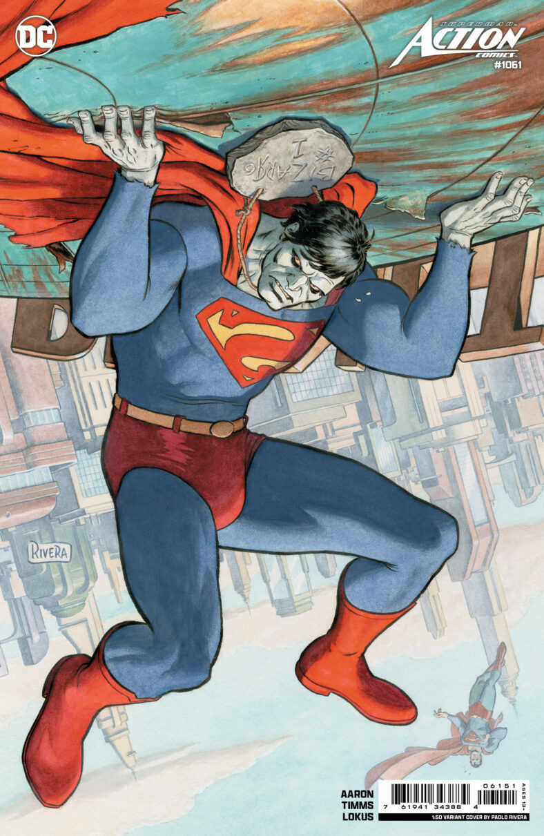 Bizarro holds the world on his shoulders on Paolo Rivera's variant cover to Action Comics Vol.1 Issue #1061 "I, Bizarro Part One" (2024), DC Comics