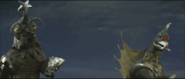 Two is company when it's alien kaijus, like Gigan and Megalon, in Godzilla vs. Megalon (1973), Toho Co Ltd.