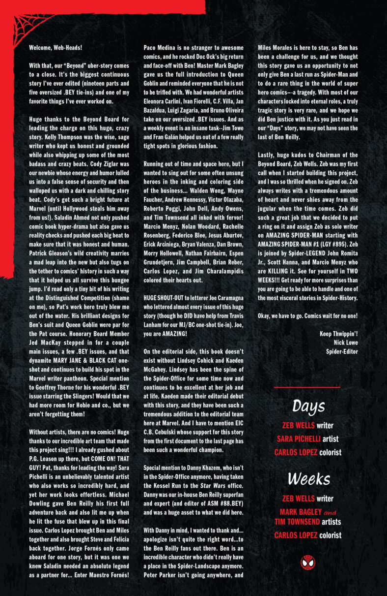 Nick Lowe closes out the series' latest volume with a letter to fans in Amazing Spider-Man Vol. 5 #93 (2022), Marvel Comics (Click to enlarge)