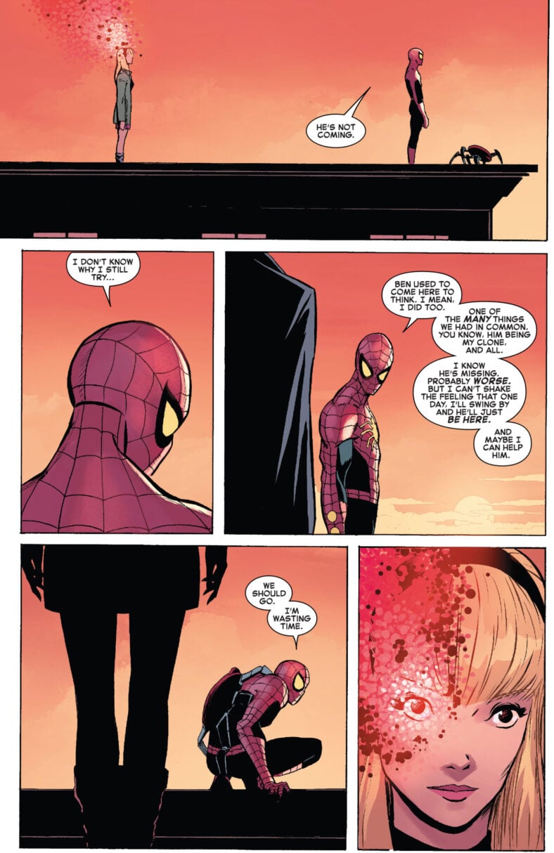 Peter Parker tells the Progenitor Celestial (via his Gwen Stacy construct) about his feelings towards Ben Reilly in Amazing Spider-Man Vol. 6 #10. Words by Zeb Wells, art by Nick Dragotta, Marcio Menyz, and Joe Caramagna.