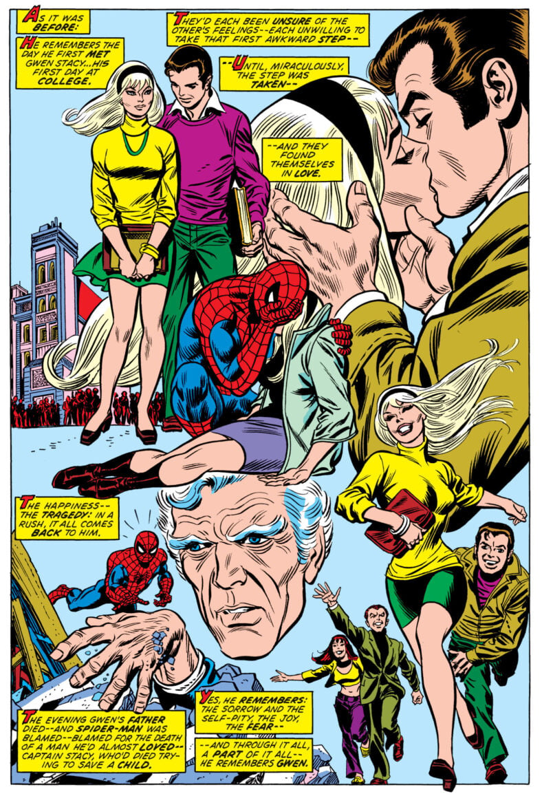 Peter Parker cradles the lifeless body of Gwen Stacy in Amazing Spider-Man Vol. 1 #122 "The Goblin's Last Stand!" (1973), Marvel Comics. Words by Gerry Conway, art by Gil Kane, John Romita Sr., Tony Mortellaro, Dave Hunt, and Artie Simek.