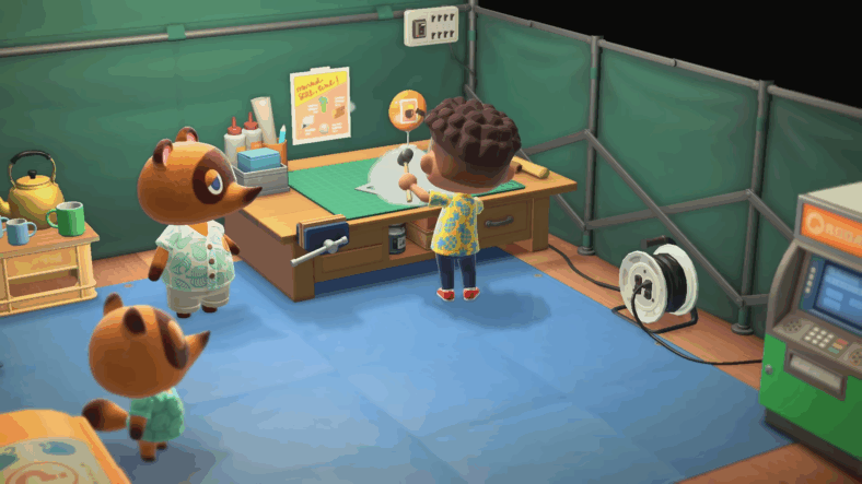 The player crafts something in Tom Nook's tent in Animal Crossing: New Horizons (2020), Nintendo