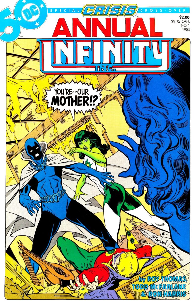 Jade and Obsidian learn a hard truth about their mother on Todd McFarlane and Steve Montano's cover to Infinity Inc. Annual Vol.1 Issue #1 "Green Dreams and Precious Illusions" (1985), DC Comics