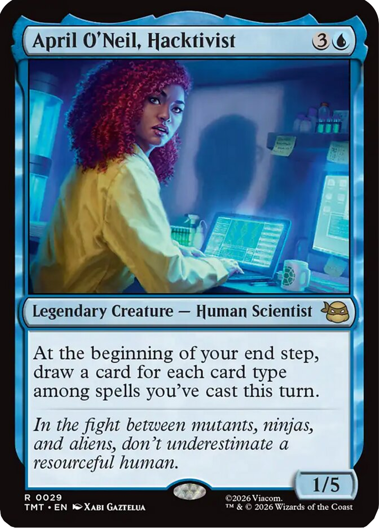 April attempts to hack into Dr. Stockman's files via April O'Neil, Hacktivist (Card #029), Magic: The Gathering – Teenage Mutant Ninja Turtles (2026), Wizards of the Coast. Art by Xabi Gaztelua.