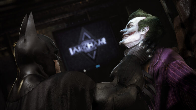 Batman (Kevin Conroy) throttles Joker (Mark Hamill) in Batman: Arkham Asylum (2009), Warner Bros. Interactive Entertainment