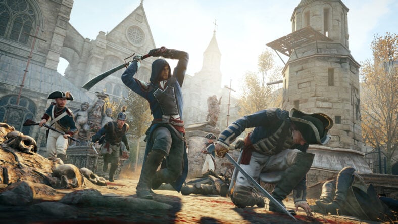 Arno Dorian (Dan Jeannotte) puts a French soldier to the sword in Assassin's Creed Unity (2014), Ubisoft