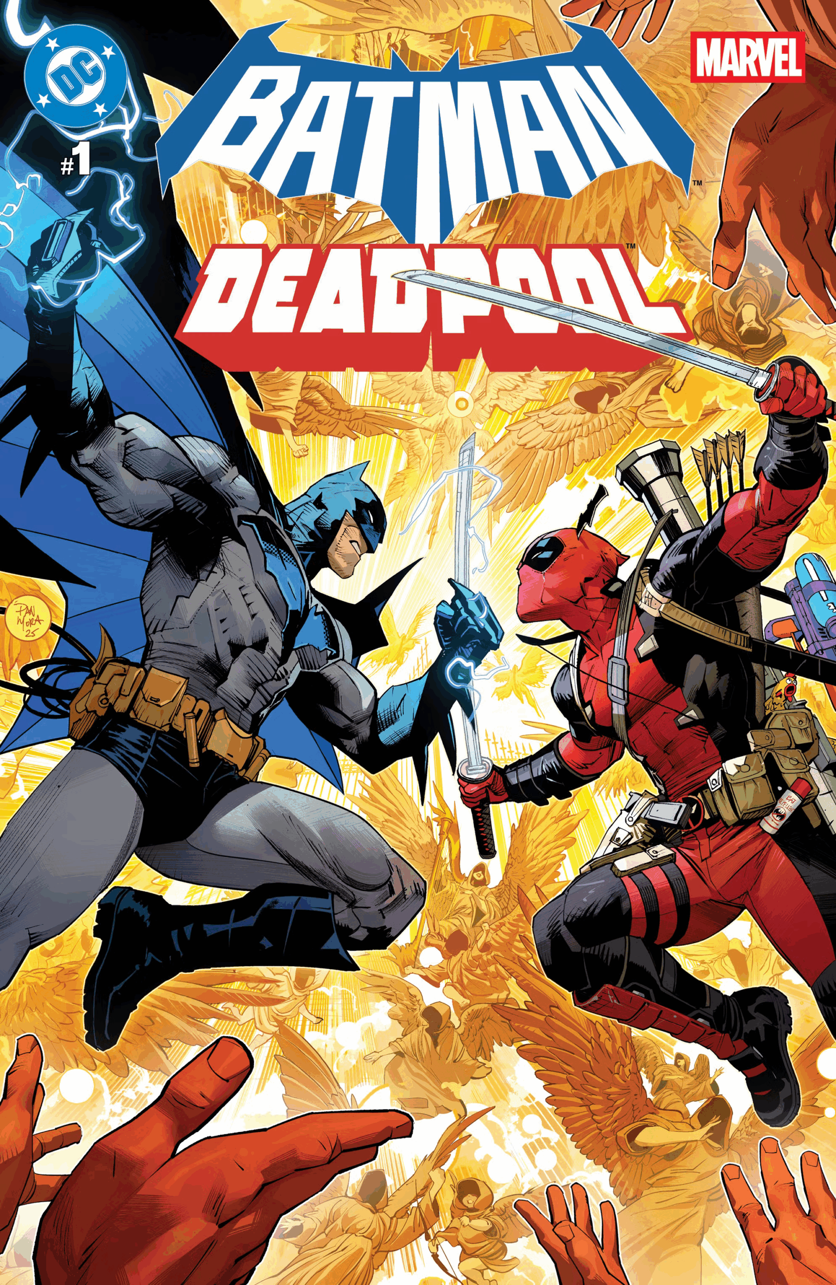 The titular duo face off on Dan Mora's cover to Batman/Deadpool Vol. 1 #1 (2025), DC/Marvel Comics