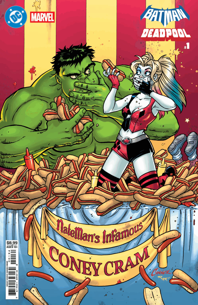 The Hulk and Harley Quinn eat themselves silly on Amanda Conner's variant cover to Batman/Deadpool Vol. 1 #1 (2025), DC/Marvel Comics