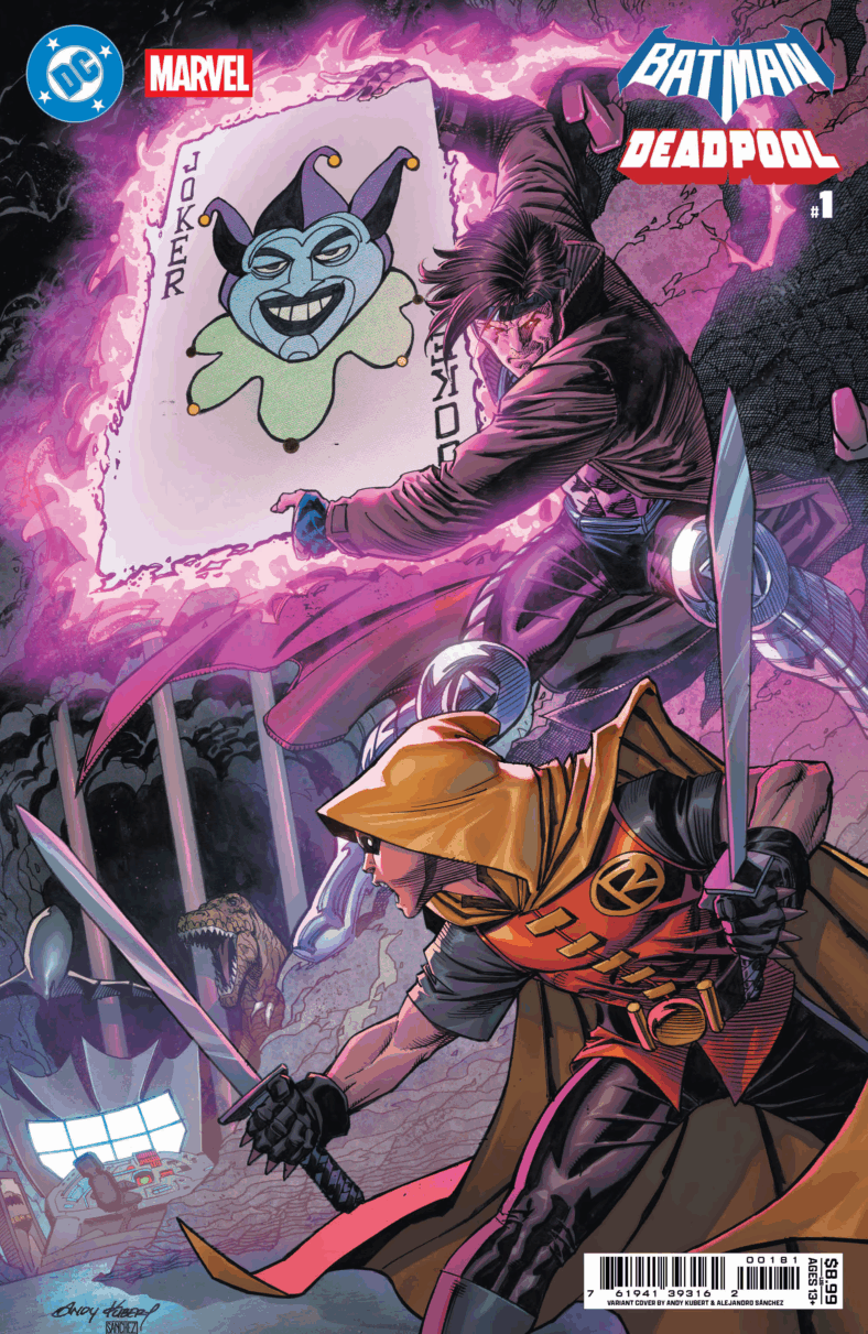 Gambit makes use of Robin's surroundings on Andy Kubert's variant cover to Batman/Deadpool Vol. 1 #1 (2025), DC/Marvel Comics