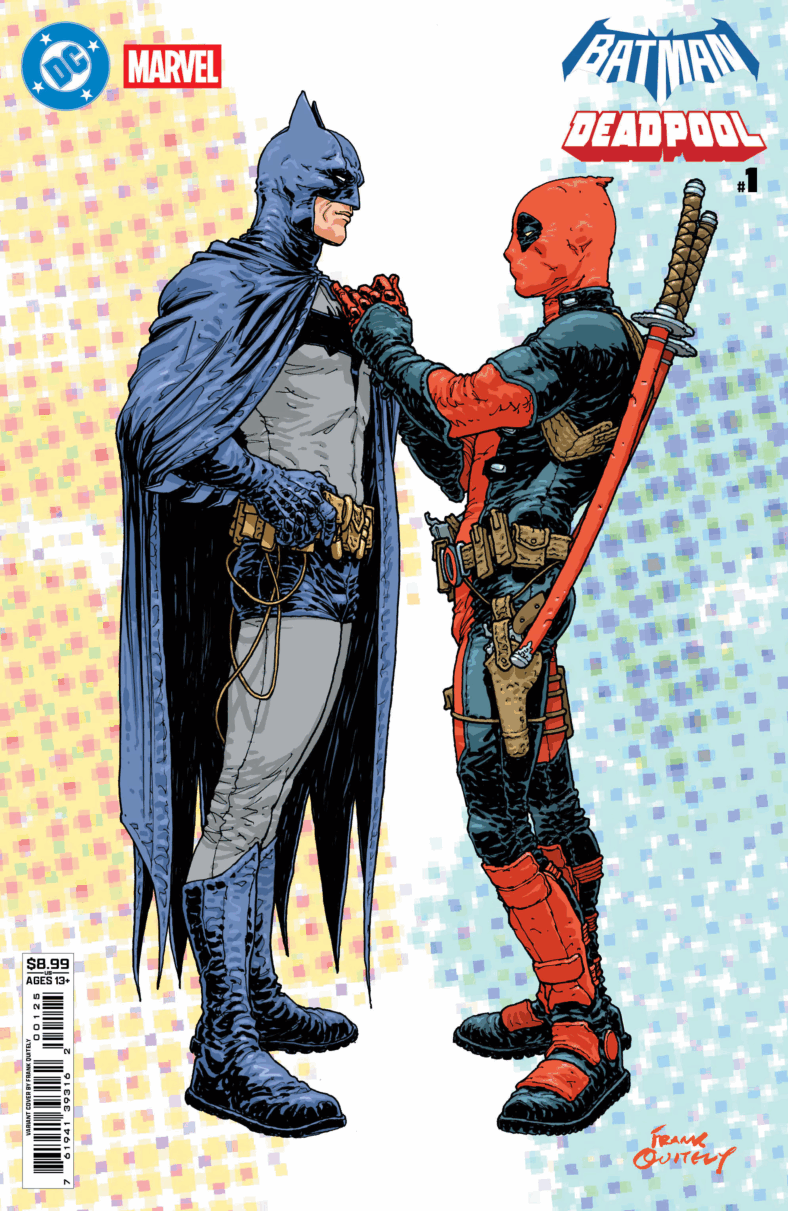 Wade Wilson offers some fashion tips to Bruce Wayne on Frank Quitely's variant cover to Batman/Deadpool Vol. 1 #1 (2025), DC/Marvel Comics