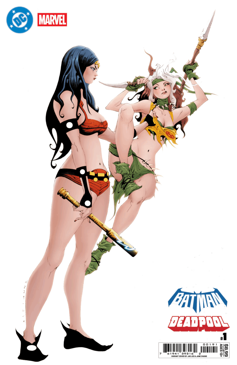 Big Barda shows Rogue she's out of her element on Jae Lee's variant cover to Batman/Deadpool Vol. 1 #1 (2025), DC/Marvel Comics