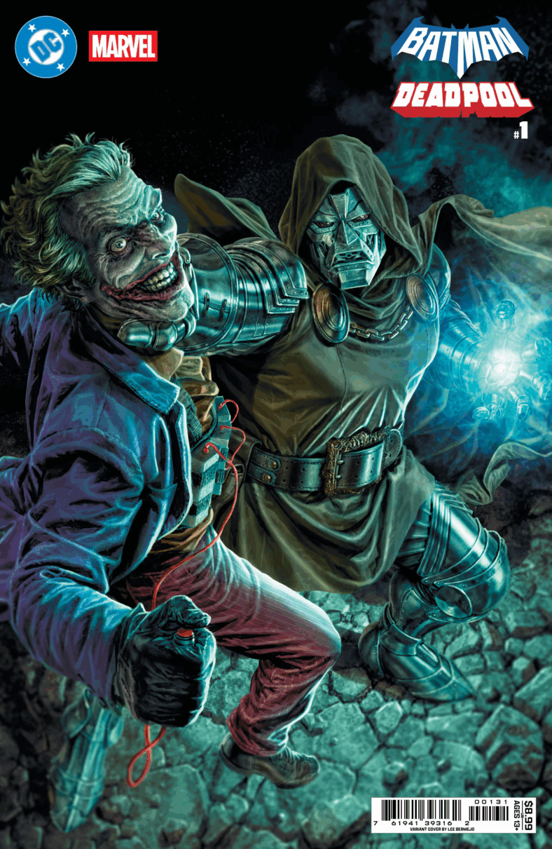 Doctor Doom has no time for The Joker's sh-t on Lee Bermejo's variant cover to Batman/Deadpool Vol. 1 #1 (2025), DC/Marvel Comics