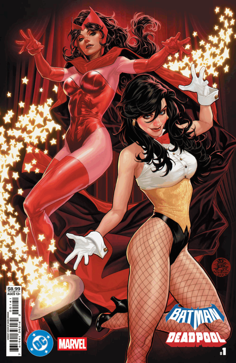 The Scarlet Witch and Zatanna work their magic on Mark Brooks' variant cover to Batman/Deadpool Vol. 1 #1 (2025), DC/Marvel Comics
