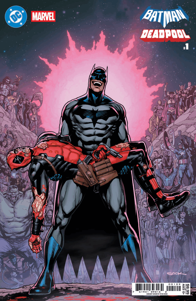 The Dark Knight celebrates the the end of the Annoyance on Infinite Earths on Ryan Sook's variant cover to Batman/Deadpool Vol. 1 #1 (2025), DC/Marvel Comics