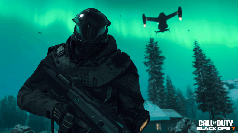 Axel Vermaak (TBA) amid an aurora borealis and drone in Call of Duty: Black Ops 7 (2025), Activision