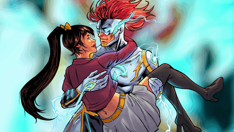Zephyr Arland comes to the quick rescue of Trinity in RippaZine Vol. 1 #5 "Blue-Shift: Tryouts" (2025), Rippaverse. Words by Andrew Rodriguez, art by Edu Souza and Andrew Cramer.