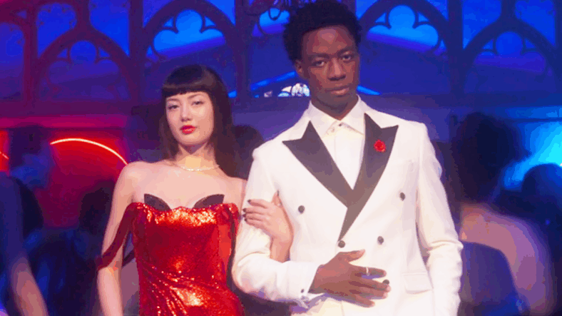 Yumeko (Miku Martineau) and Ryan (Ayo Solanke) arrive at the St. Dominic's Gala in Bet Season 1 Episode 6 "The Bet Gala" (2025), Netflix