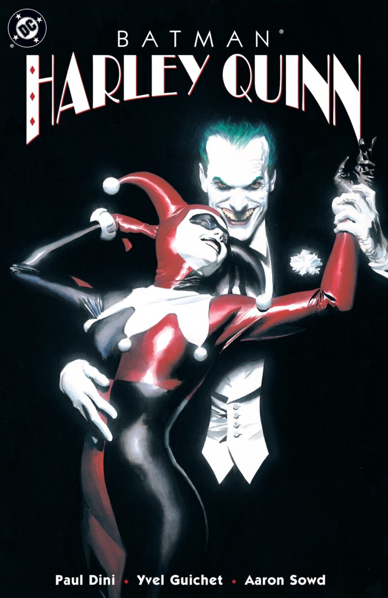Harley Quinn and the Joker dance in the pail moonlight on Alex Ross' cover to Batman: Harley Quinn (1999), DC Comics.