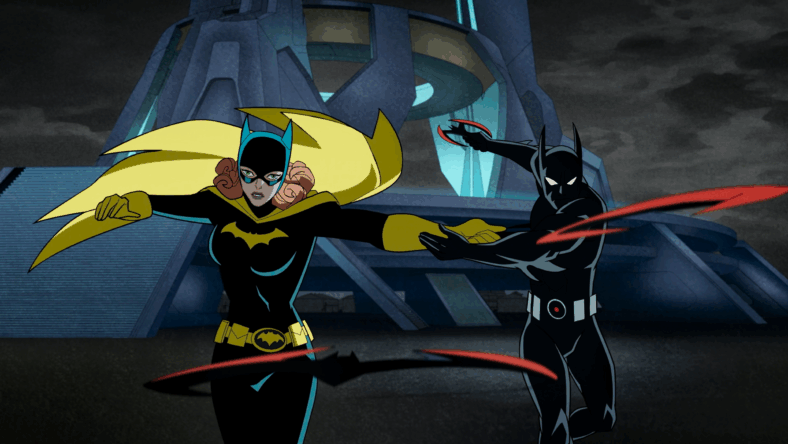 Batgirl (Gideon Adlon) and Terry McGinnis (Will Friedle) unleash a barrage of Batarangs upon a horde of Shadow Creatures in Justice League: Crisis on Infinite Earths - Part One (2024), Warner Bros. Animation