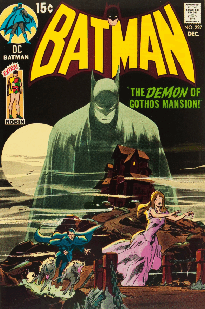 Elder Heathrow gives chase to Daphne Pennyworth on Neal Adams' cover to Batman Vol. 1 #227 "The Demon of Gothos Mansion!" (1970), DC