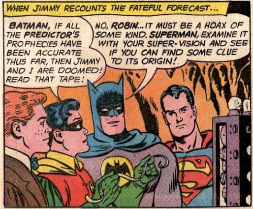 Batman debuts his now classic 'yellow oval' emblem in World's Finest Vol. 1 #141 "The Olsen-Robin team versus the Superman-Batman Team!" (1964), DC. Words by Edmond Hamilton, art by Curt Swan, George Klein, and Mort Weisinger.