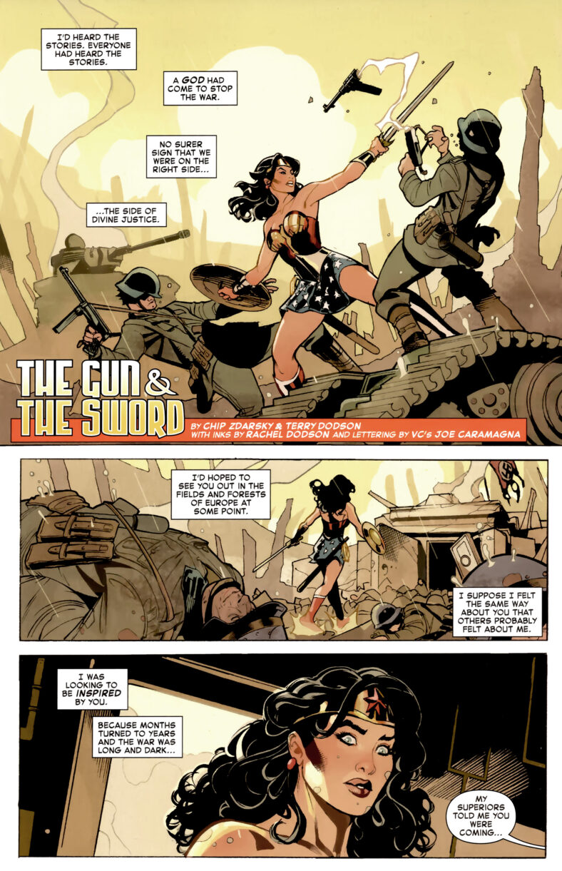 Wonder Woman moves in to capture Hitler in Deadpool/Batman Vol. 1 #1 "The Gun and he Sword" (2025), Marvel Comics/DC. Words by Chip Zdarsky, art by Terry Dodoson, Rachel Dodson, and Joe Caramagna.