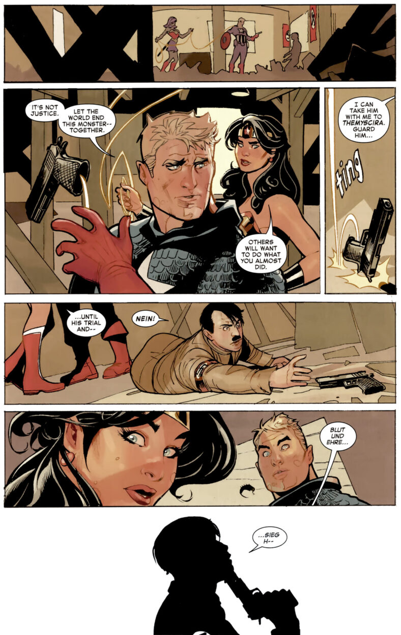 Captain America and Wonder Woman forget to keep their eyes on Hitler in Deadpool/Batman Vol. 1 #1 "The Gun and he Sword" (2025), Marvel Comics/DC. Words by Chip Zdarsky, art by Terry Dodoson, Rachel Dodson, and Joe Caramagna.