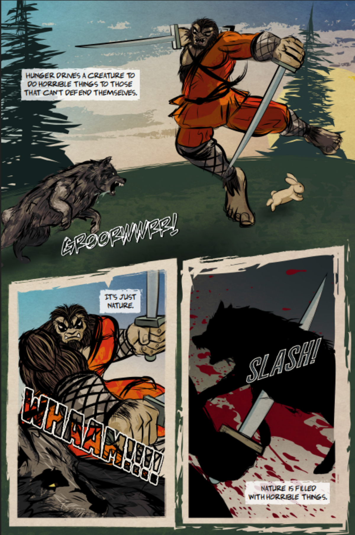 Bigfoot has a soft spot for soft tails in Bigfoot Knows Karate Volume 1 Issue #1 (2025). Words by Casey Allen and Dan Price. Art by Dan Price. Homebrewed Comics