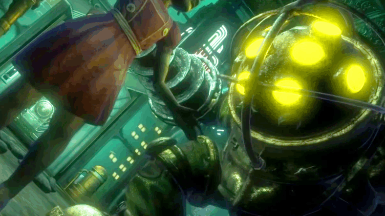 Jack (Adam Sietz) finds himself at the mercy of a Big Daddy in BioShock (2007), 2K Games