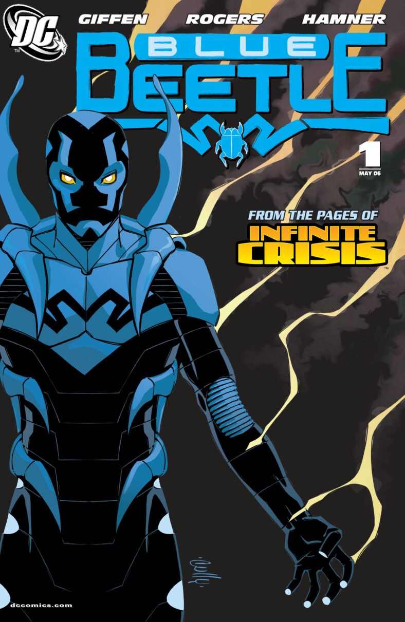 Jaime Reyes stands tall as the new Blue Beetle on Cully Hamner's cover to Blue Beetle Vol. 7 Issue # 1 "Blue Monday" (2006), DC Comics