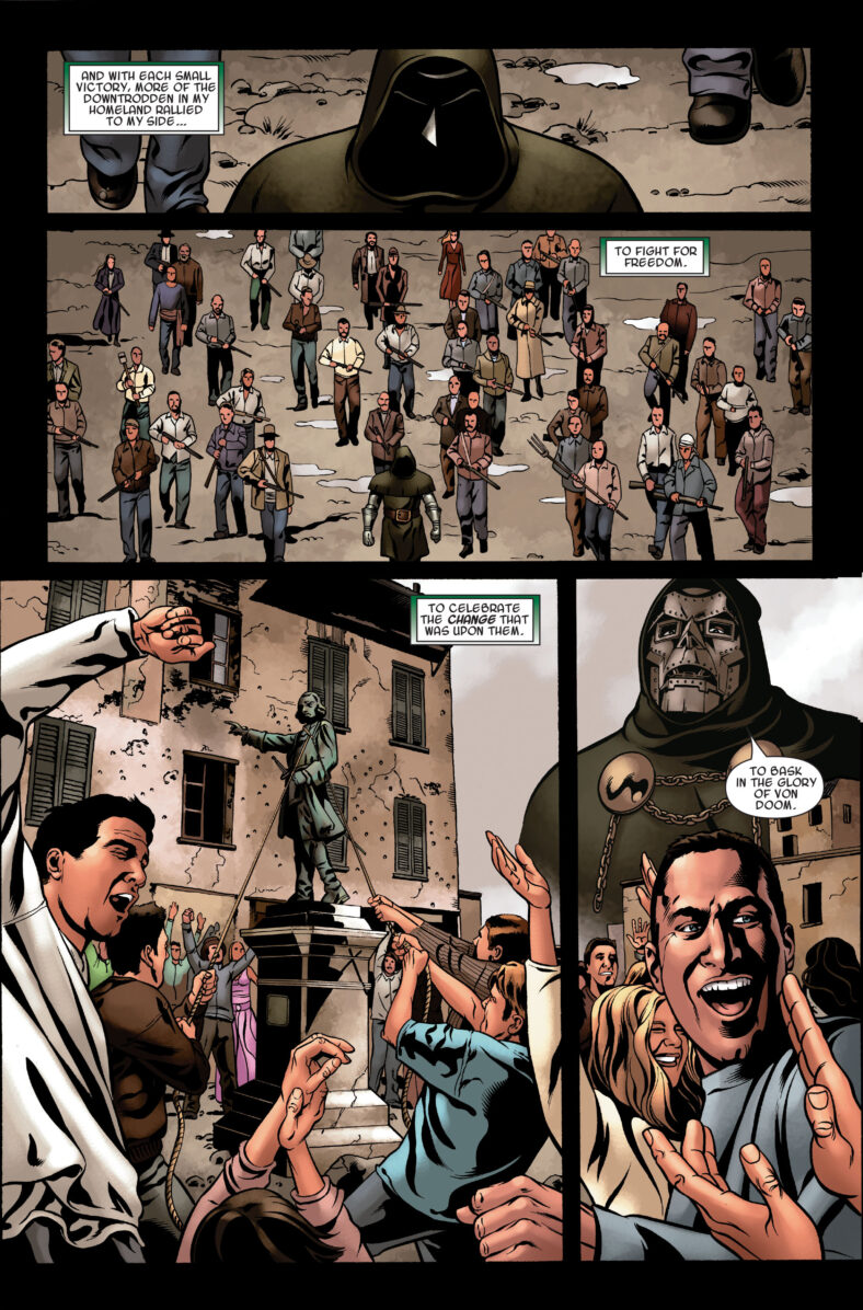 Doctor Doom rallies his troops to liberate Latveria in Books of Doom Vol.1 Issue #5 "Books of Doom Book Five" (2006), Marvel Comics. Words by Ed Brubaker. Art by Pablo Raimondi, Andrew Hennessy, and Brian Reber.