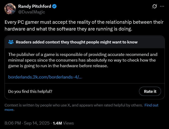 Gearbox CEO Randy Pitchford insults players frustrated with 'Borderlands 4's performance issues.