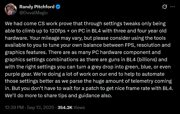 Gearbox CEO Randy Pitchford insults players frustrated with 'Borderlands 4's performance issues.