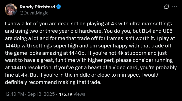 Gearbox CEO Randy Pitchford insults players frustrated with 'Borderlands 4's performance issues.