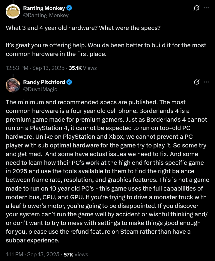 Gearbox CEO Randy Pitchford insults players frustrated with 'Borderlands 4's performance issues.