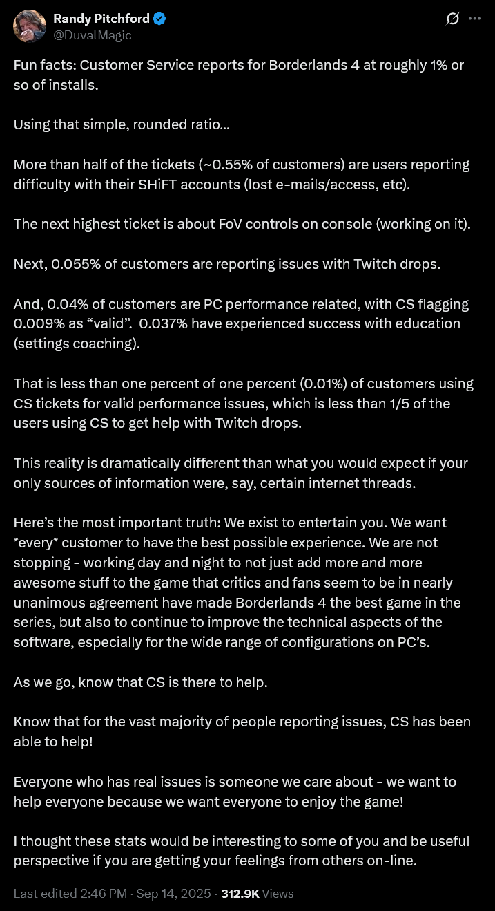 Gearbox CEO Randy Pitchford insults players frustrated with 'Borderlands 4's performance issues.