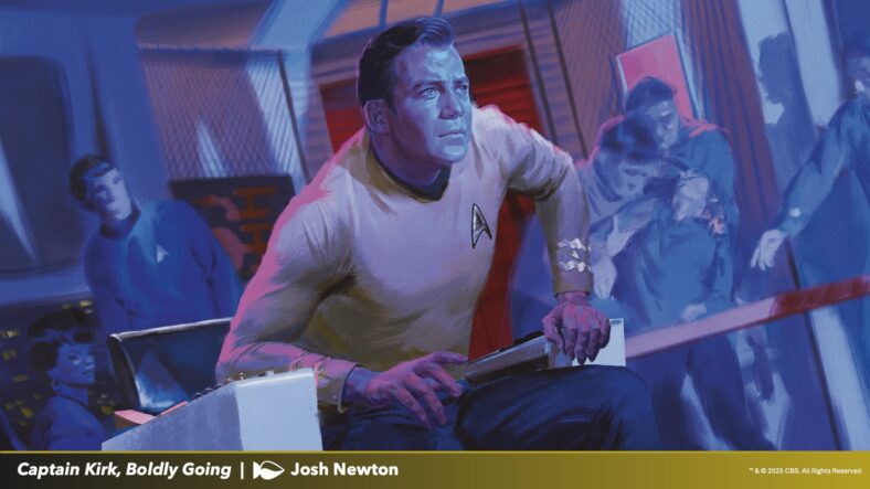 The USS Enterprise heads for the final frontier via Captain Kirk, Boldly Going (Card #TBA), Magic: The Gathering - Star Trek (2026), Wizards of the Coast. Art by Josh Newton.