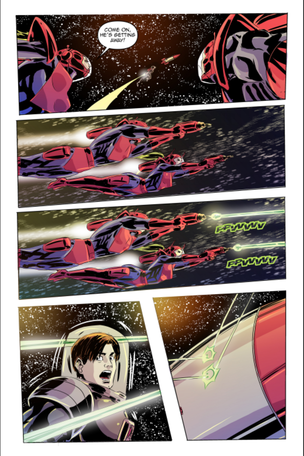 Caspian realizes that his pursuers aren't the best shot in the galaxy in Caspian Porter Issue #1 Volume 1 (2025). Words by Drew Lenhart. Art and colors by Juan Fleites. Homebrewed Comics.