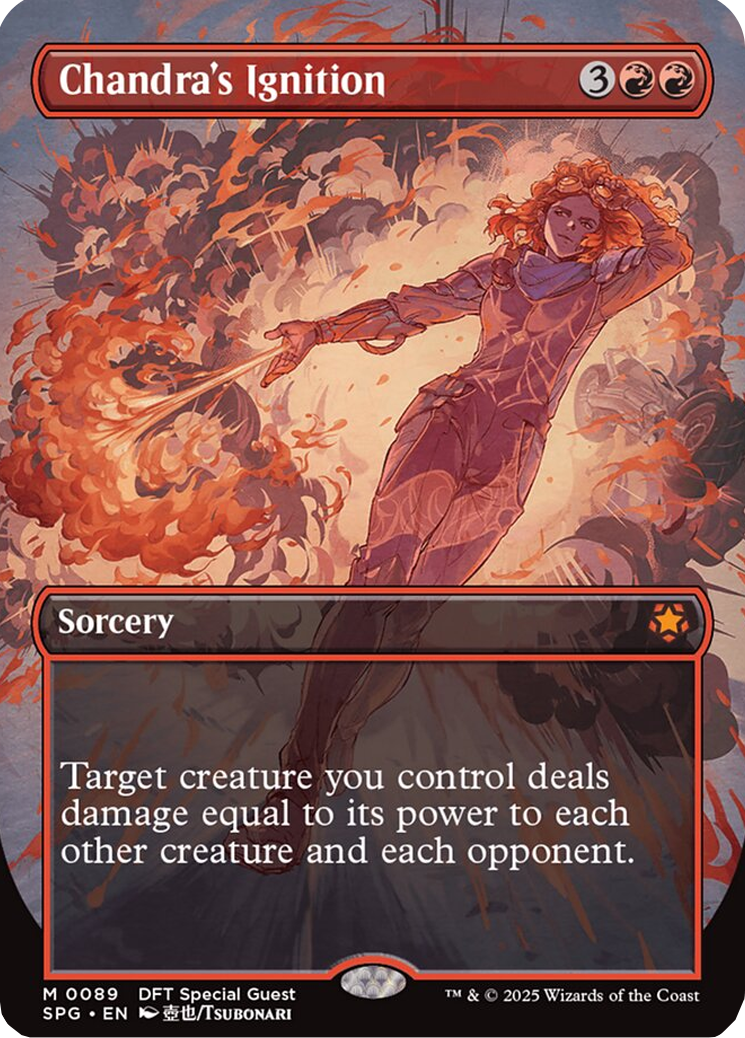 Chandra takes her opponents out of the race via Chandra's Ignition (Card #89), Magic: The Gathering - Special Guests (2025), Wizards of the Coast. Art by Tsubonari.