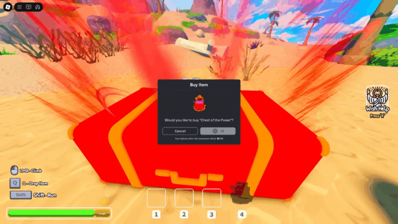 A player faced with opening a "Chest of the Power" for 29 Robux in Rise (2025), formerly Cliff, Pew Studios