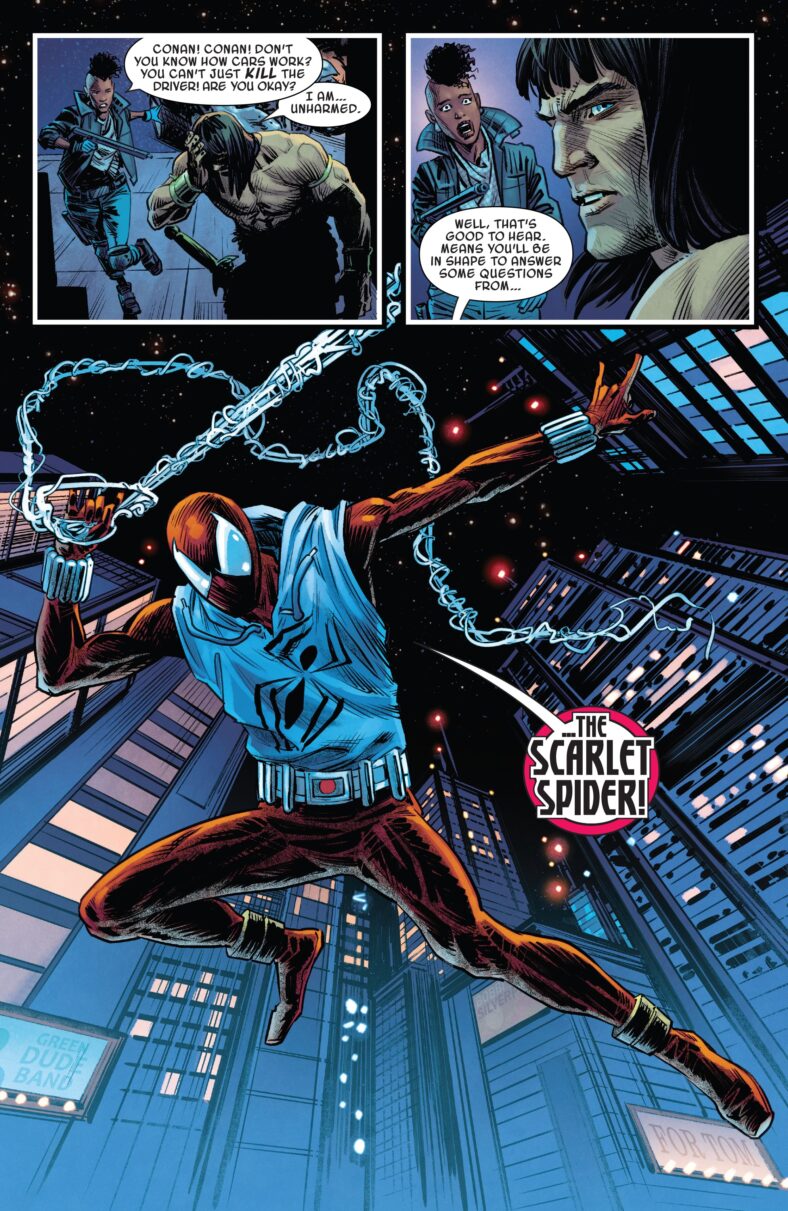 The Scarlet Spider has some questions for Conan in Conan - Battle for the Serpent Crown Vol.1 #2 (2020), Marvel Comics. Words by Saladin Ahmed, art by Luke Ross, Nolan Woodward, and Travis Lanham.