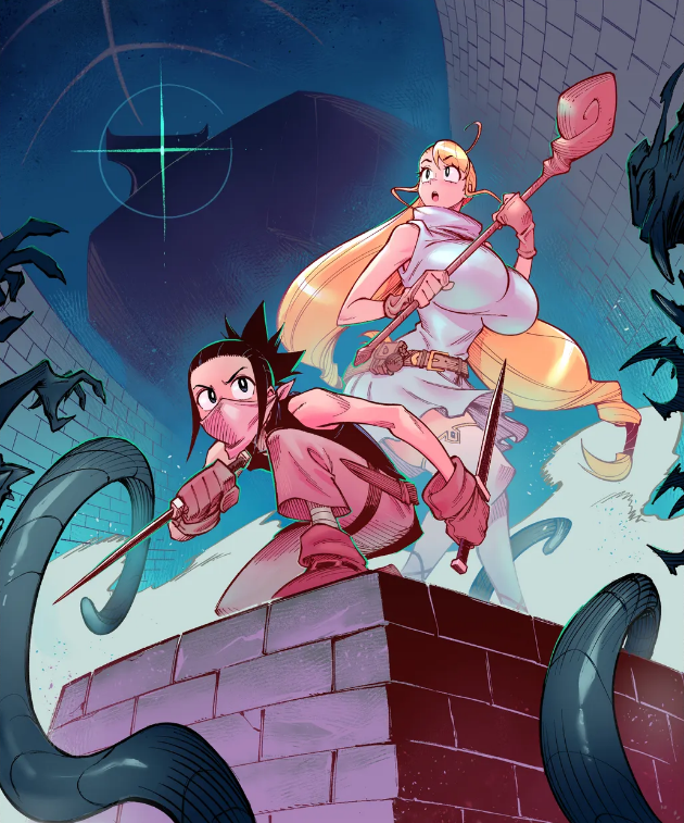 A pair of adventurers prepare to brave the unknown on REKU's cover page to Dungeon Duo (2025), Kadokawa