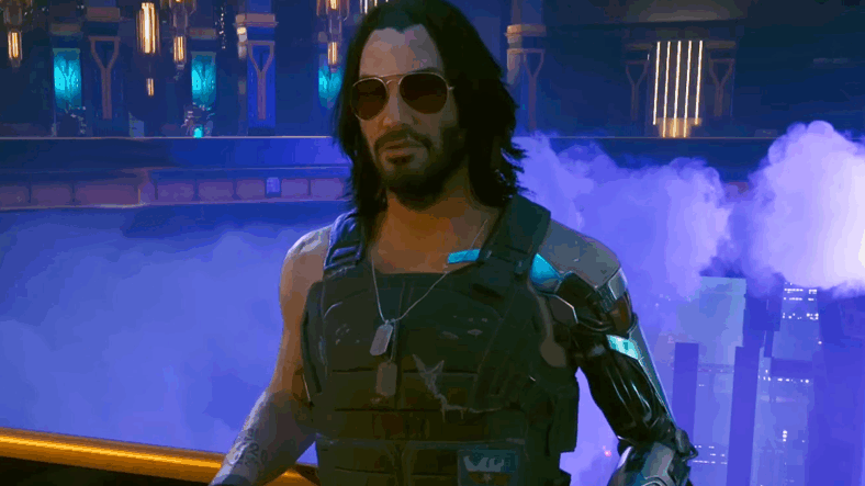 Johnny (Keanu Reeves) is impressed by Kurt Hansen's (Eliah Moutjoy) party hosting abilities in Cyberpunk 2077: Ultimate Edition (2025), CD Projekt Red