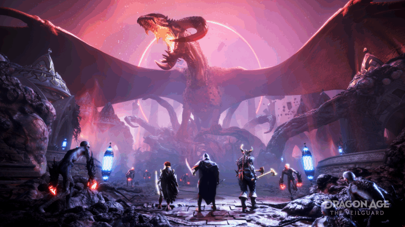 The party faces down a mighty dragon in Dragon Age: The Veilguard (2024), Electonic Arts