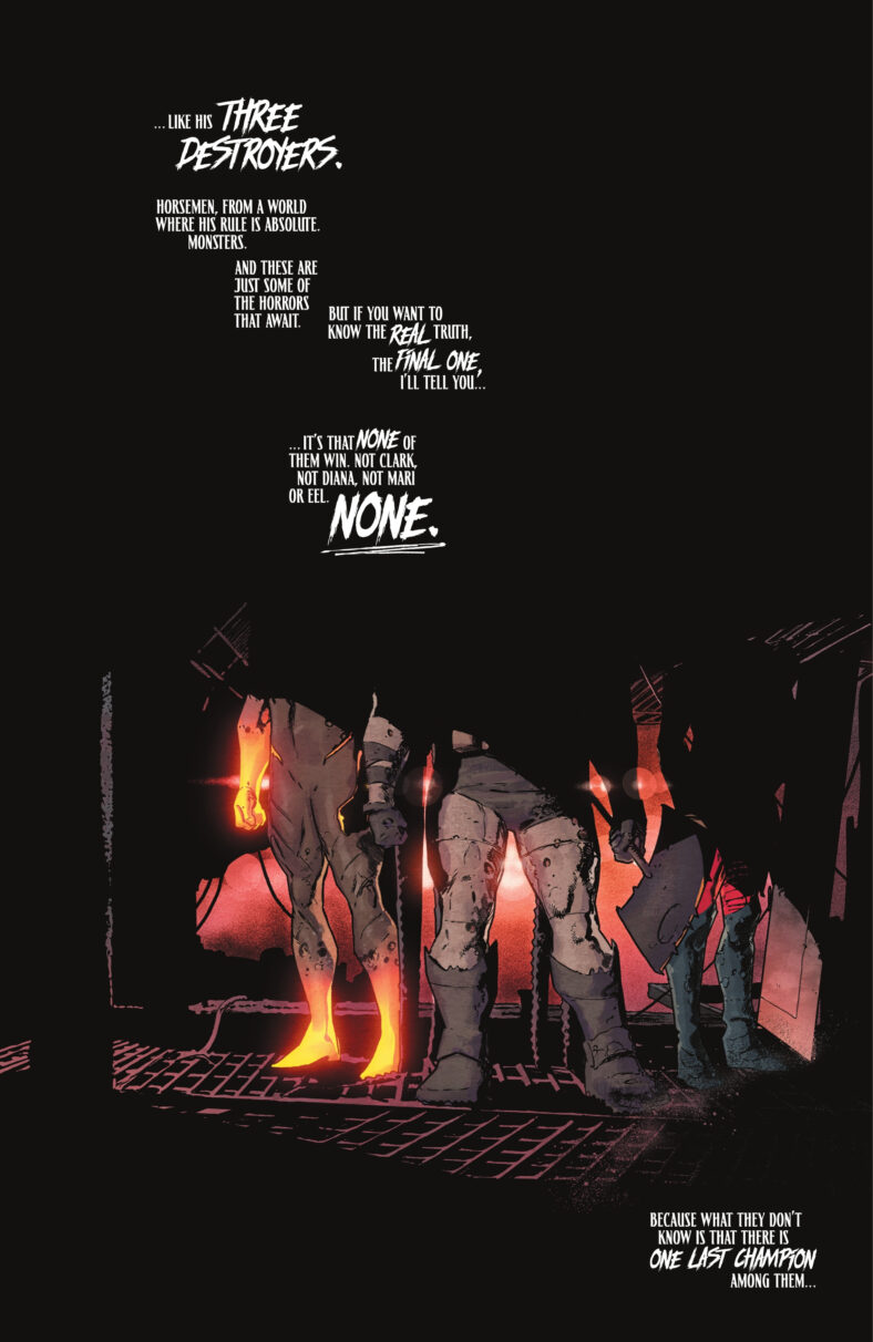 The Absolute Trinity reveal themselves as Darkseid's trump card in DC K.O. Vol. 1 #1 "Chapter One: Into the Ring" (2025), DC. Words by Scott Snyder, art by Javi Fernandez, Xermanico, Alejandro Sánchez, and Hassan Otsmane-Elhaou.