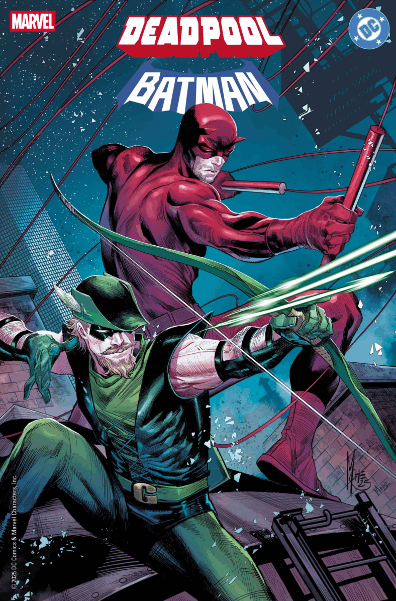 Daredevil and Green Arrow prepare to dish out some street-level justice on Marco Chechetto's variant cover to Deadpool/Batman Vol. 1 #1 (2025), Marvel Comics/DC